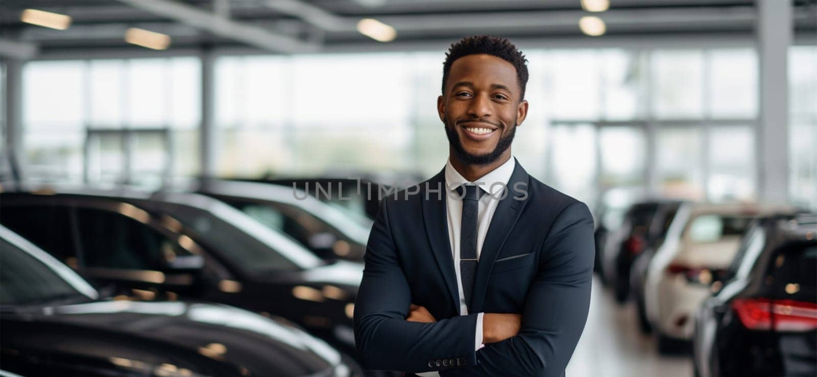 Happy smiling young African American executive manager standing confidently with arms crossed and looking at camera in car dealership. professional business man in a stylish suit.