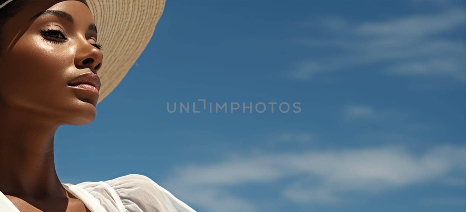 portrait of a young African-American young woman in a white dress and hat against the background of a bright blue sky on a sunny day.copy space, travel and vacation concept