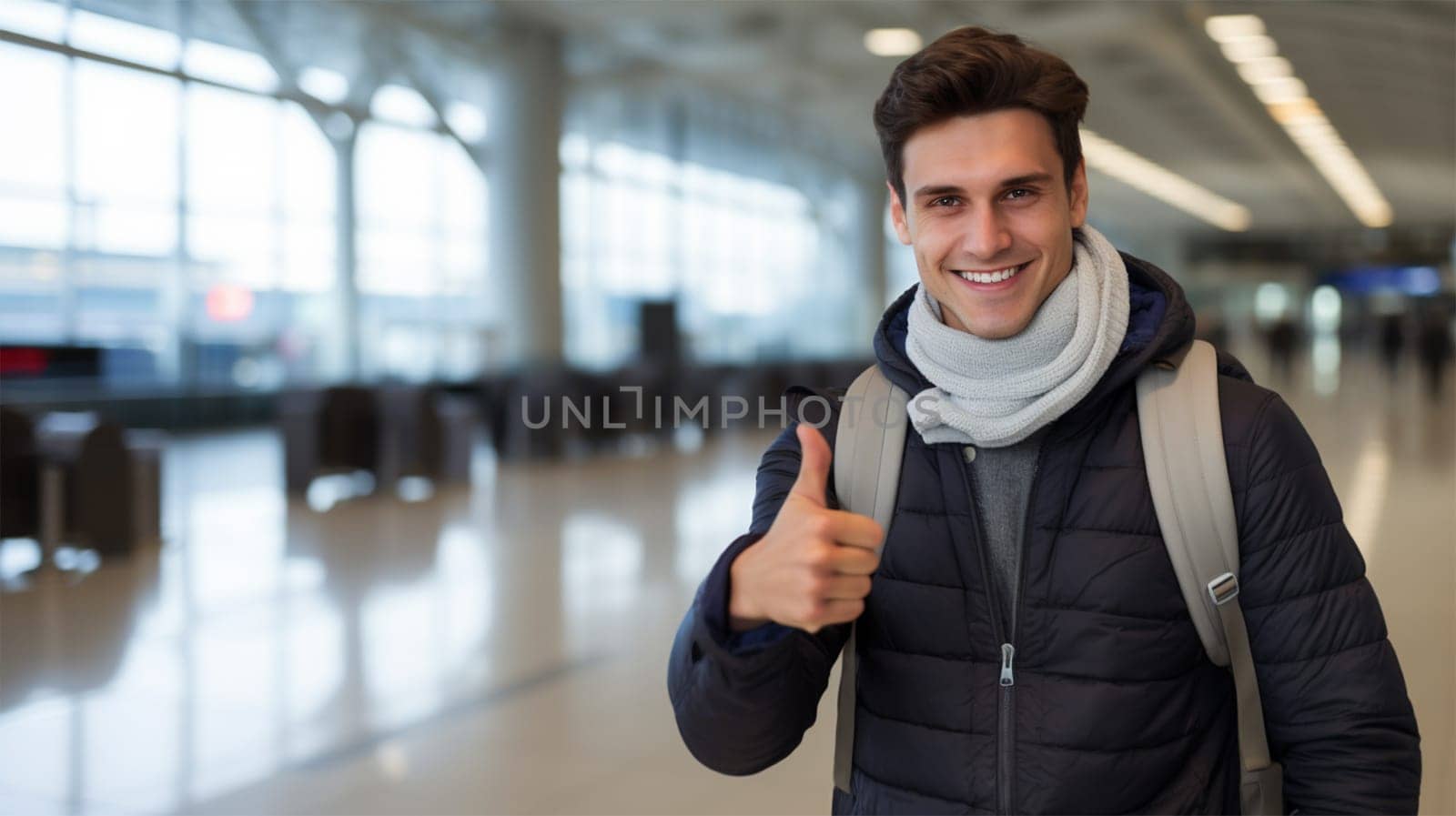 young cheerful man with a backpack at the airport or at the bus station shows with his thumb everything is OK, travel and tourism concept.