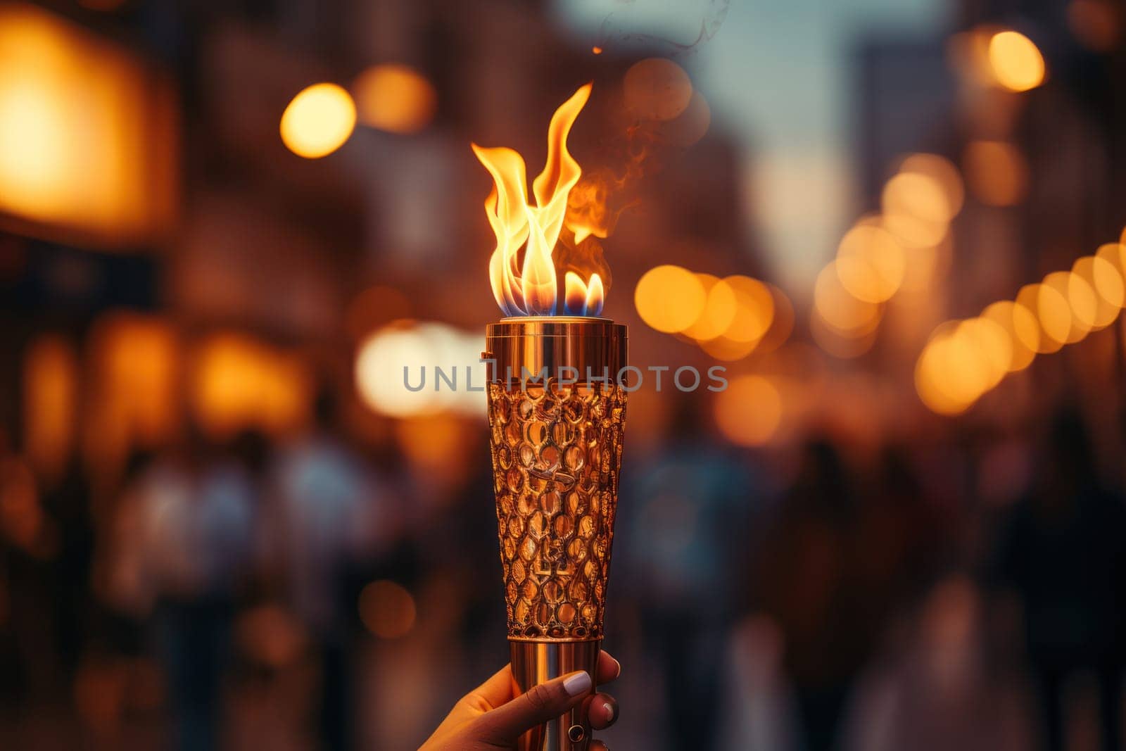 hand holds an Olympic torch with a flame burning on a blurred background of an evening street