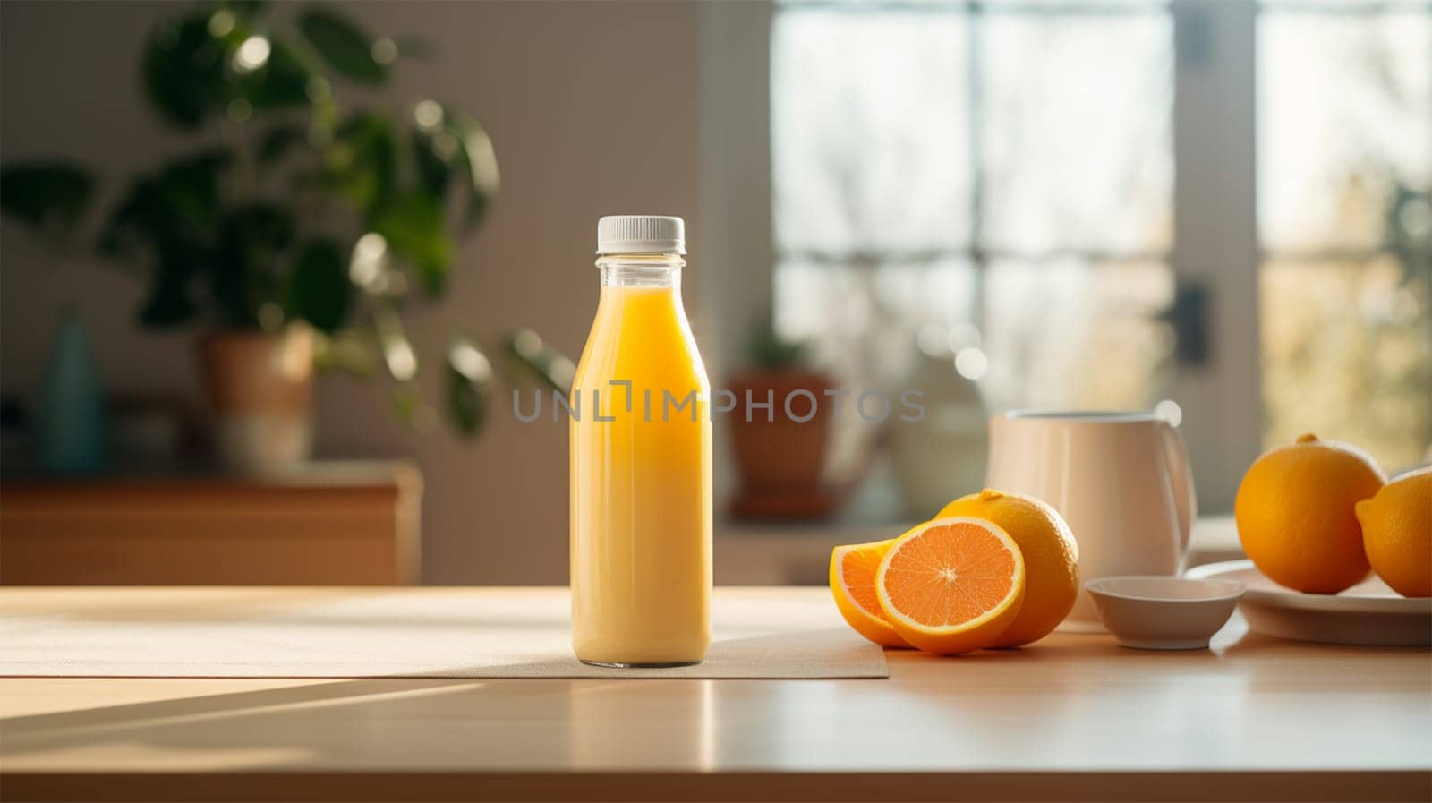 Orange smoothie, fruit juice, fresh orange drink in a bottle, on the table in the kitchen, copy space