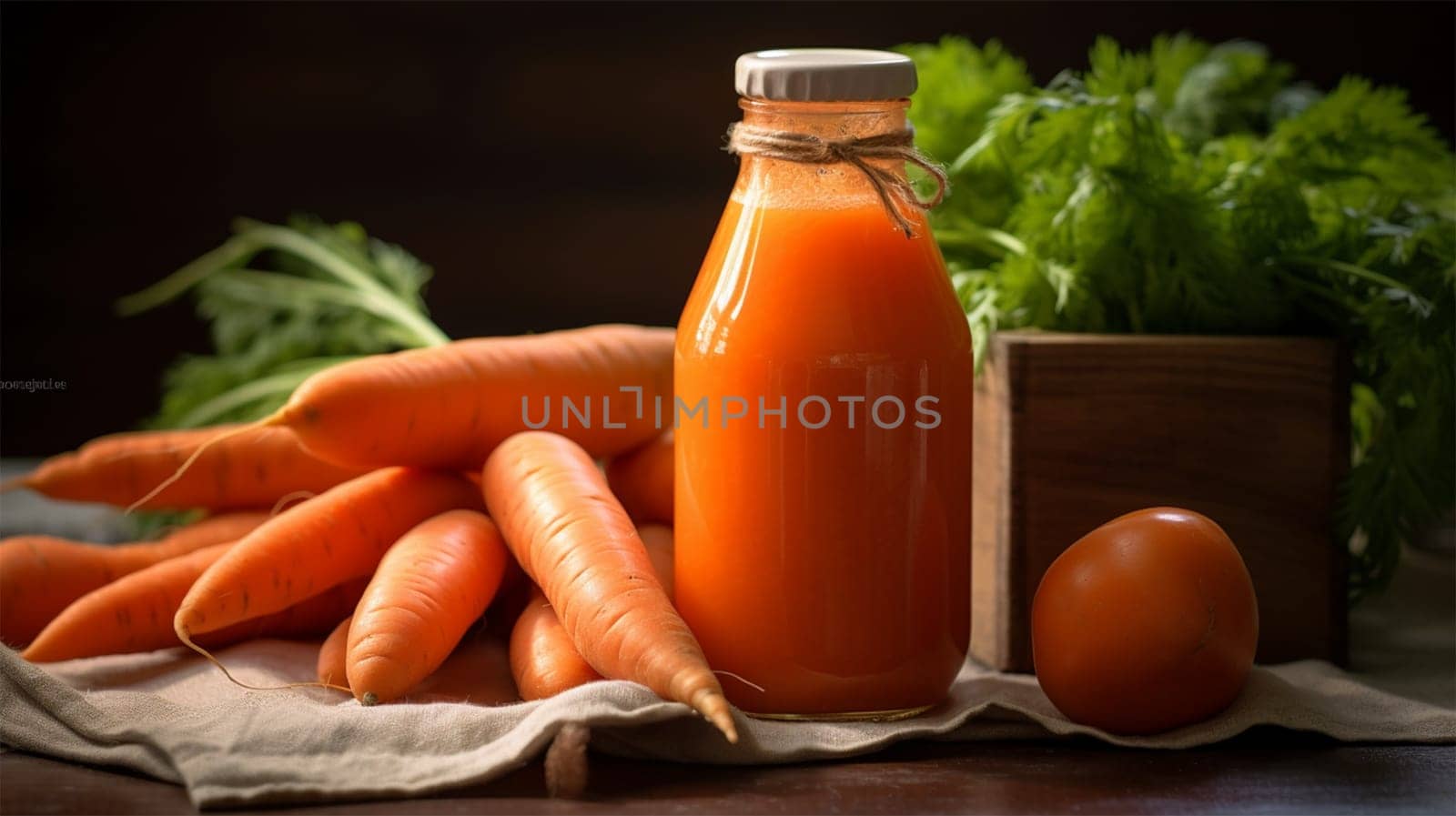 Fresh carrot juice in a bottle with carrots and herbs on a wooden table.