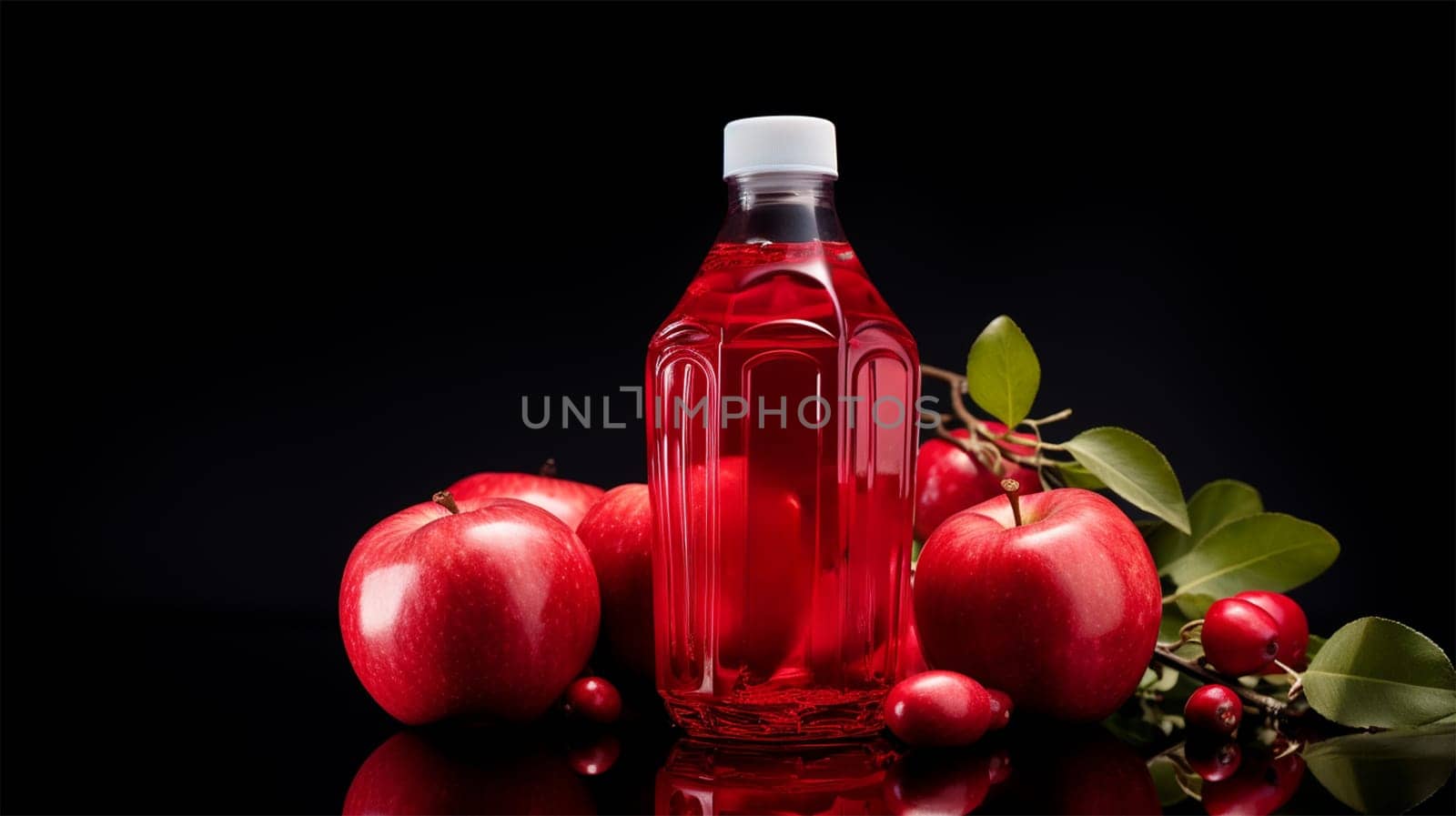 mockup of a bottle of apple juice or drink surrounded by apples on a dark background, with space for text, advertising of apple drinks