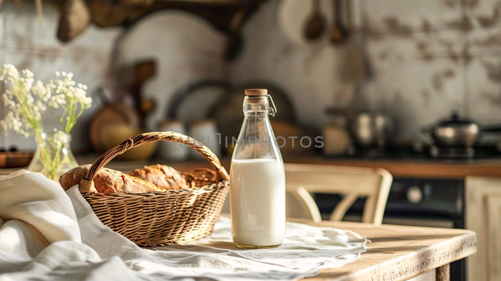 bottle of milk and Fresh homemade bread on a table in the kitchen with copy space.