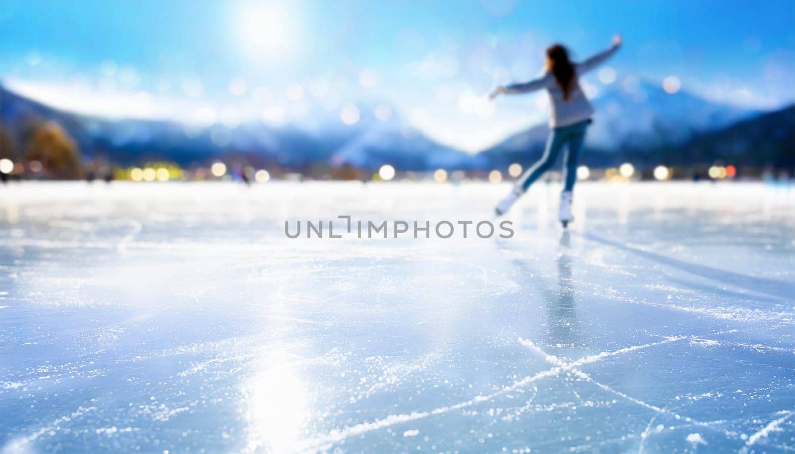 Ice skating rink in winter, blurred background. AI generated