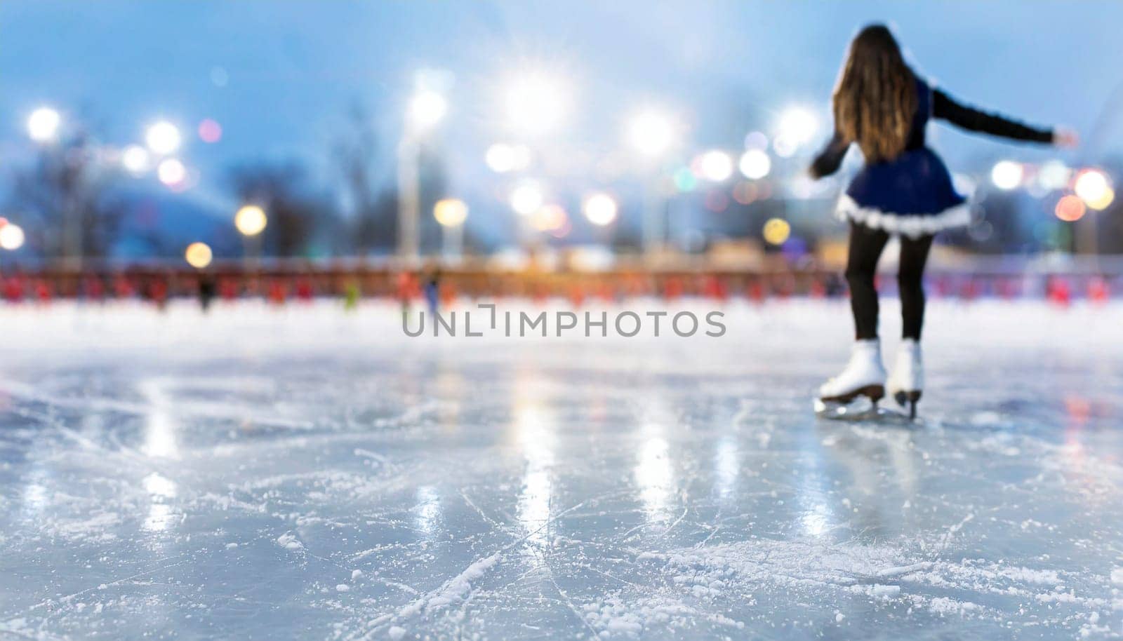 Ice skating rink in winter, blurred background. AI generated