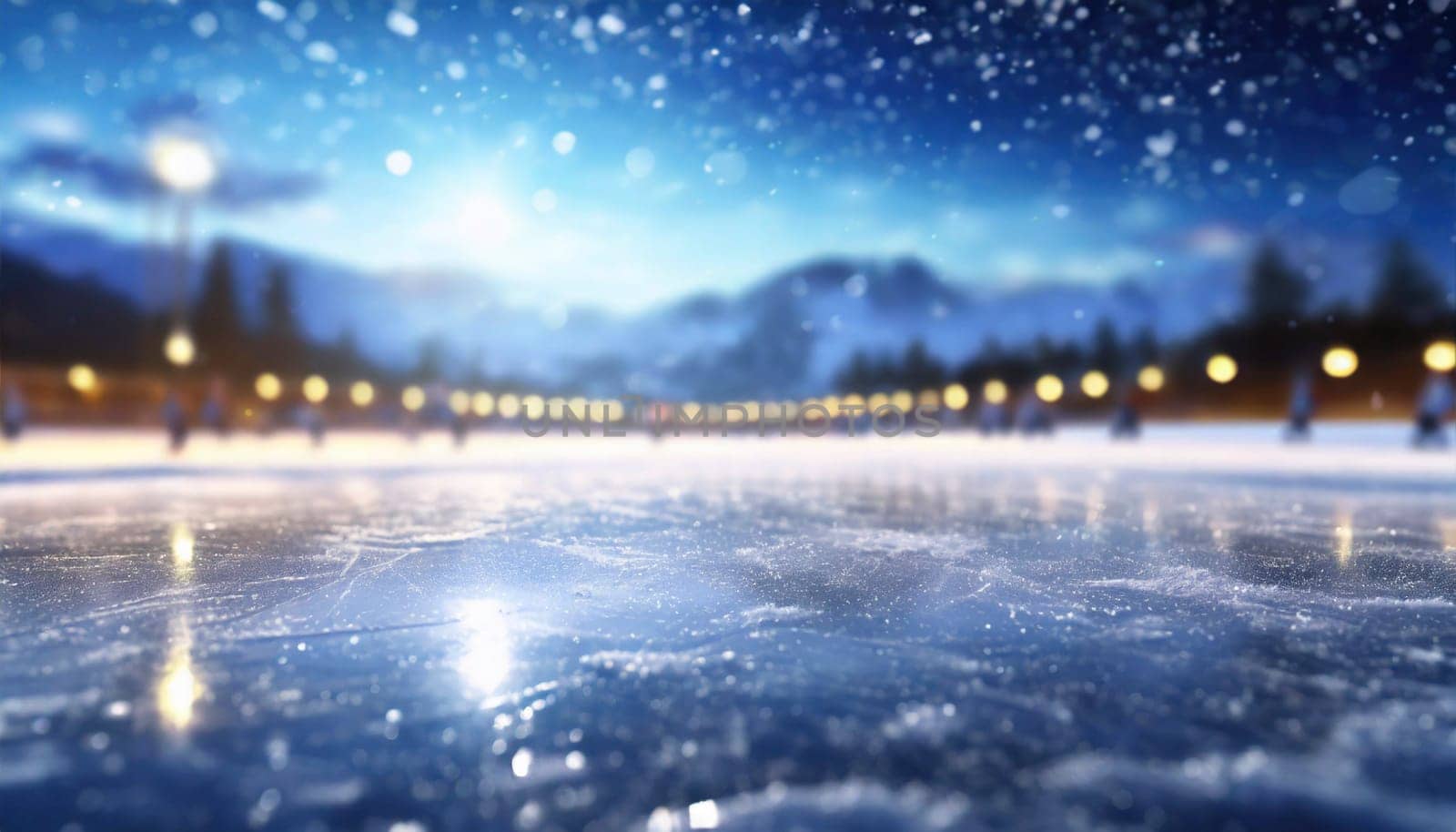 Ice skating rink in winter, blurred background. AI generated