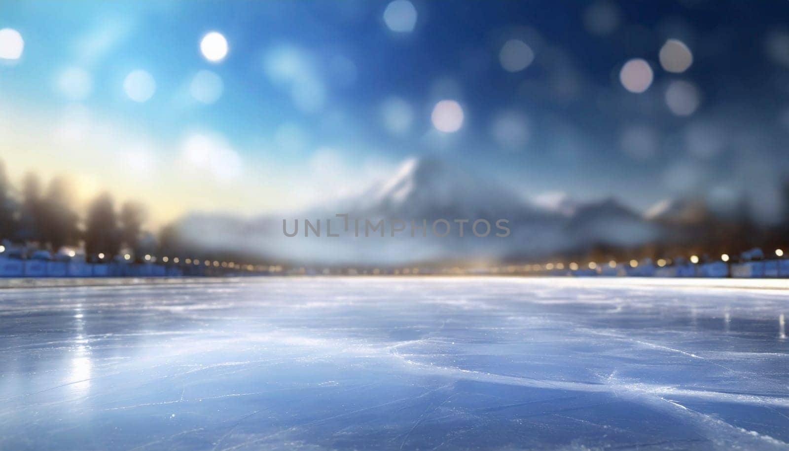 Ice skating rink in winter, blurred background. AI generated