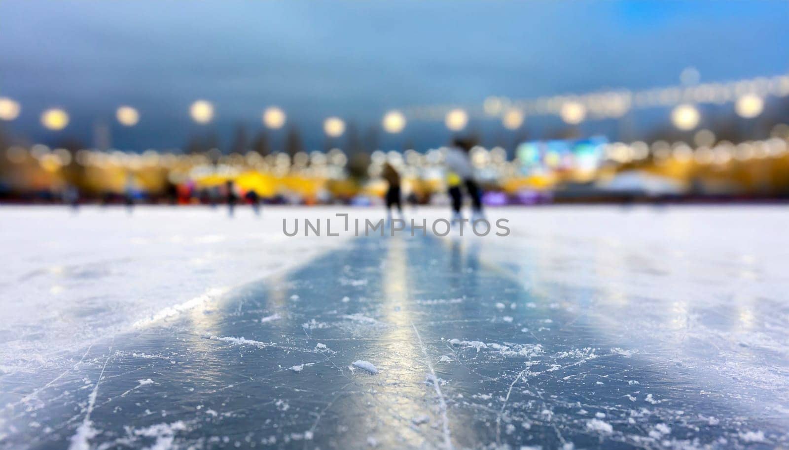 Ice skating rink in winter, blurred background. AI generated