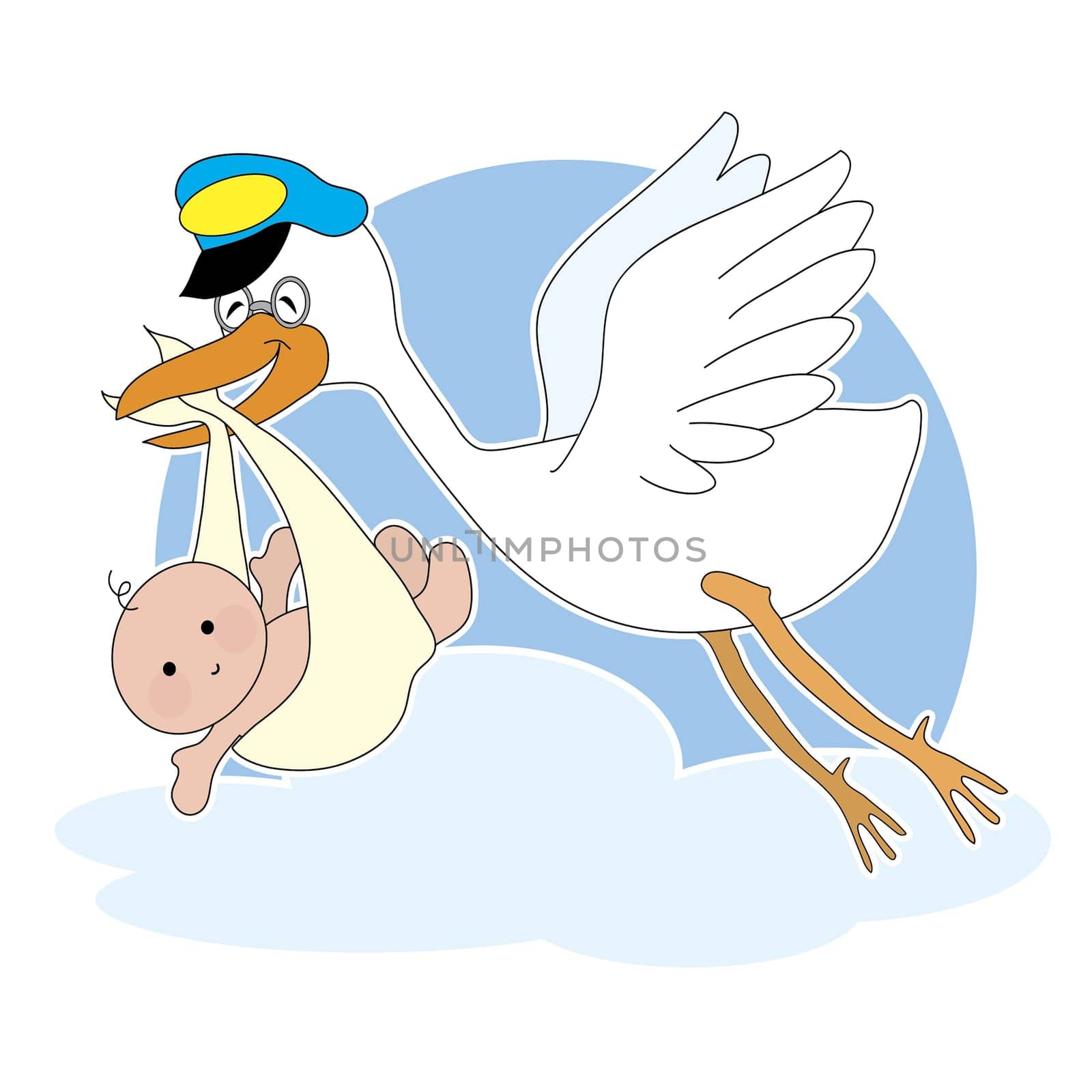 A stork is flying with a baby in it's beak