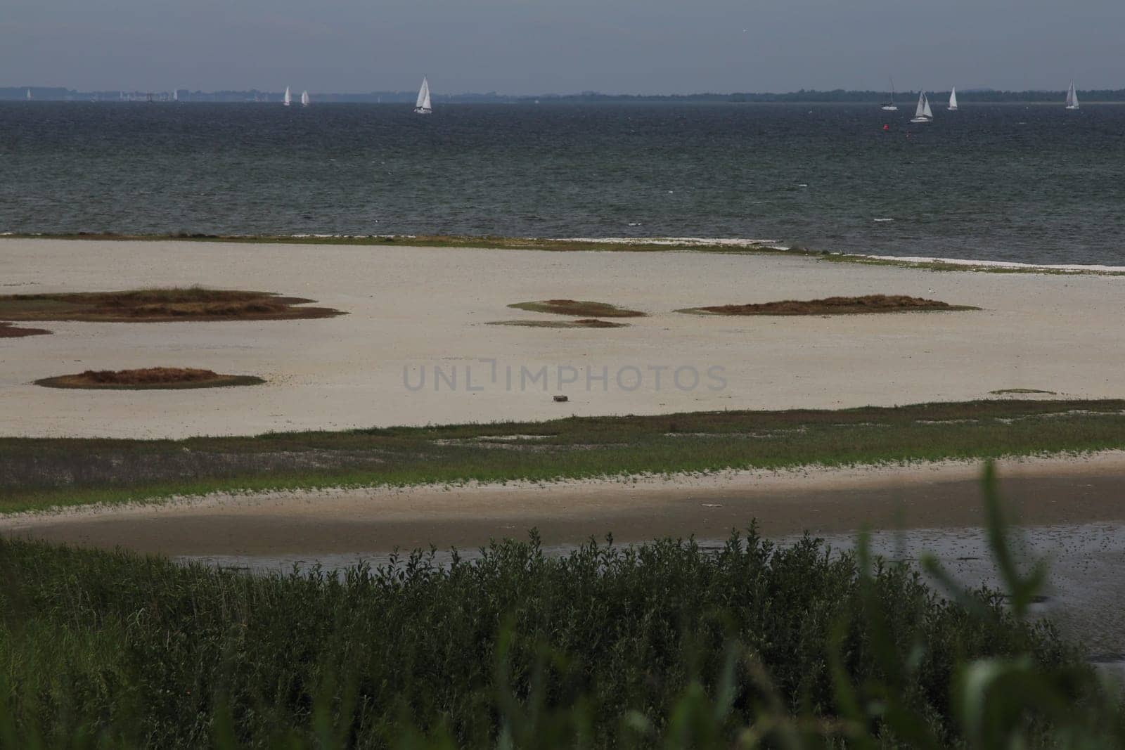 Waves with white crests inundate the sandy beach