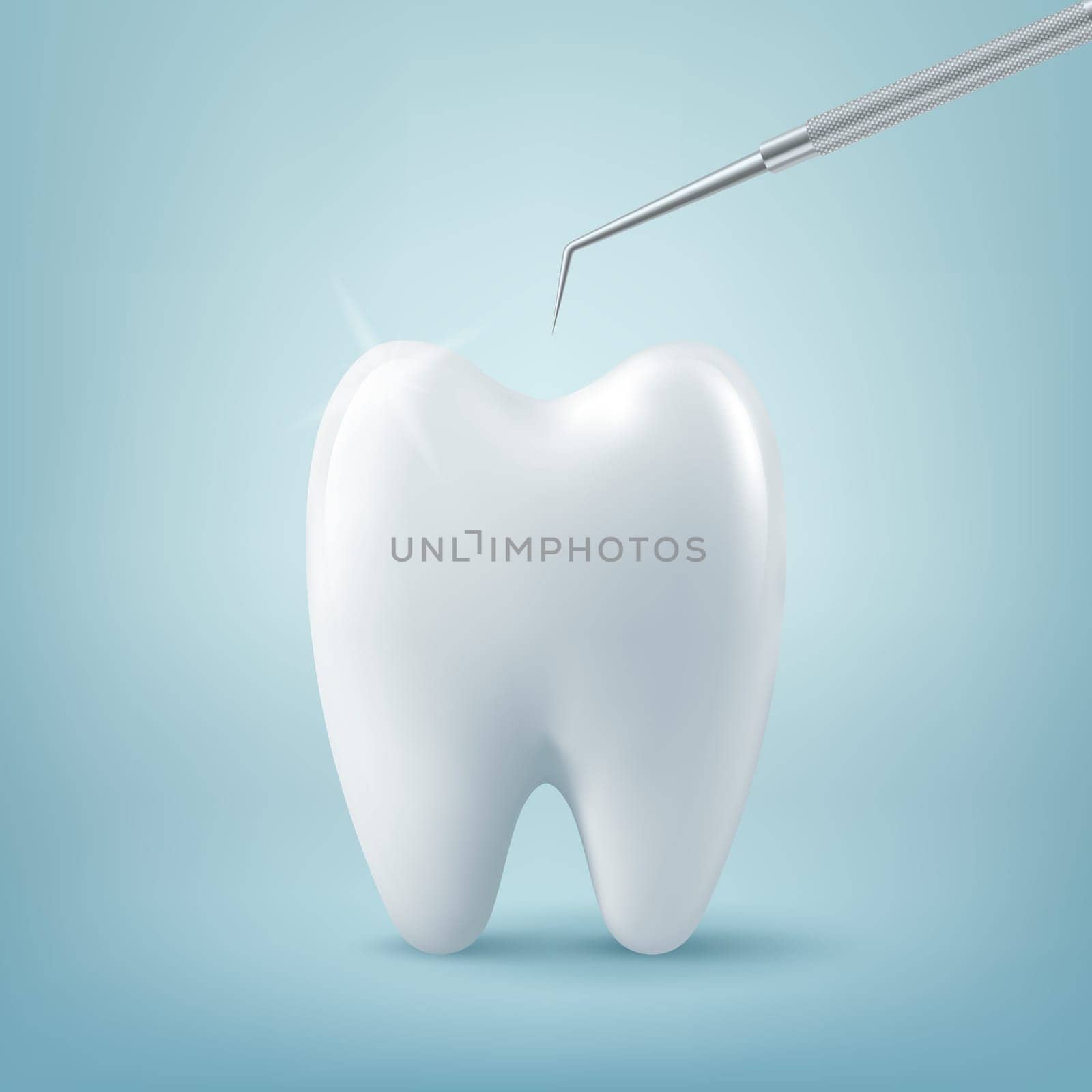 Vector 3d Realistic Tooth and Dental Probe for Teeth Closeup on Blue Background. Medical Dentist Tool. Design Template, Clipart, Mockup. Dentistry, Healthcare, Hygiene Concept.