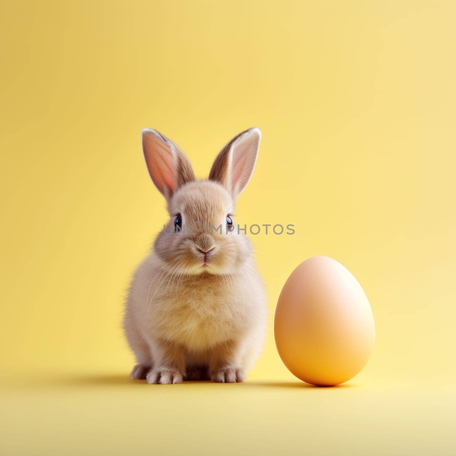 Easter tan bunny with light brown egg on yellow. Created using AI generated technology and image editing software.
