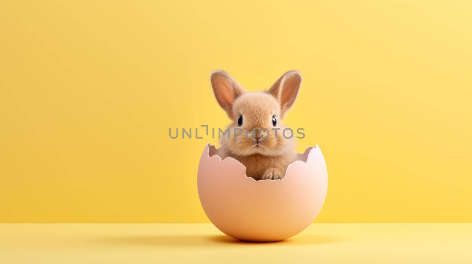 Easter tan bunny in light brown egg on yellow. Created using AI generated technology and image editing software.