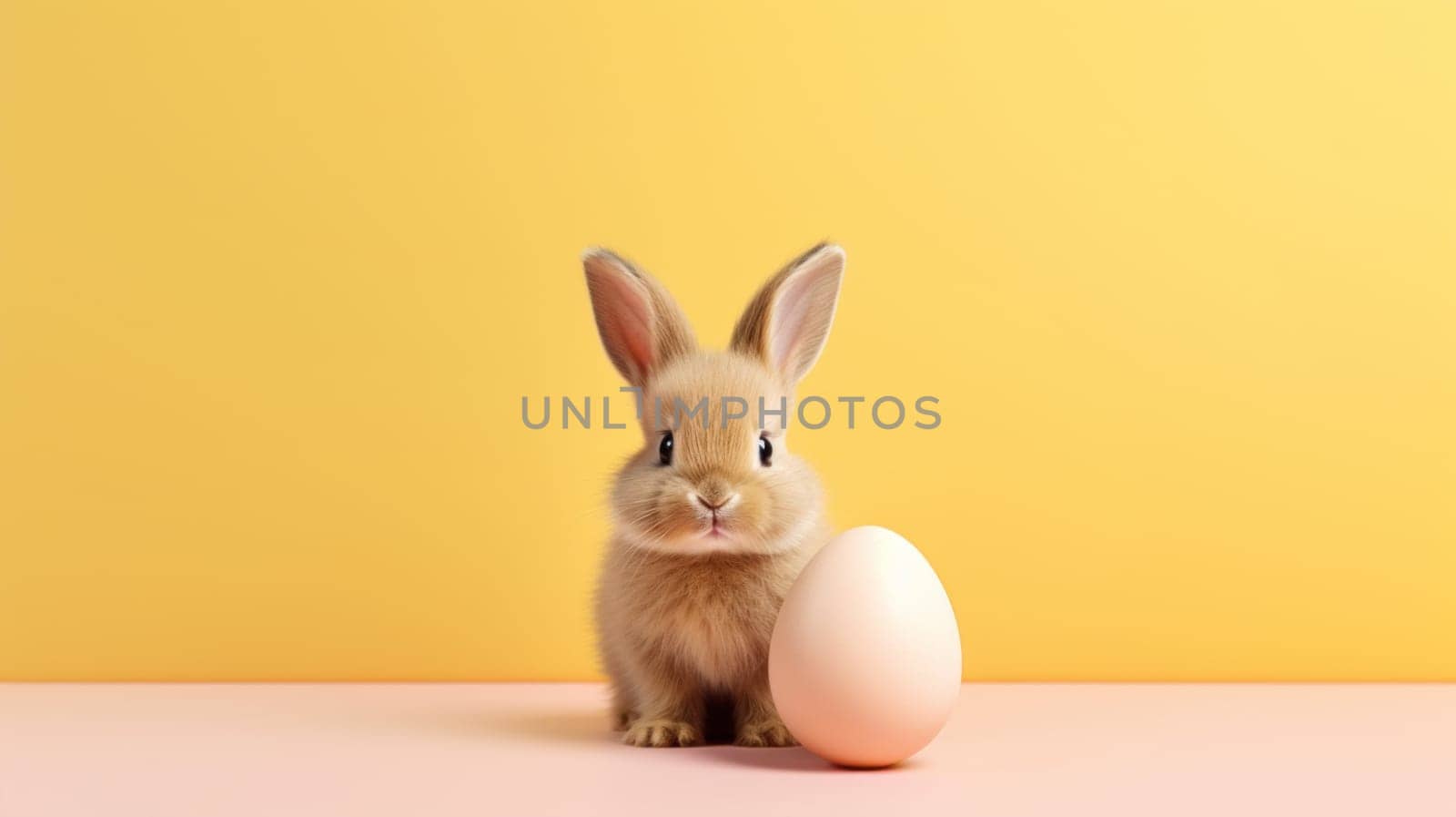 Easter tan bunny with light brown egg on yellow. Created using AI generated technology and image editing software.
