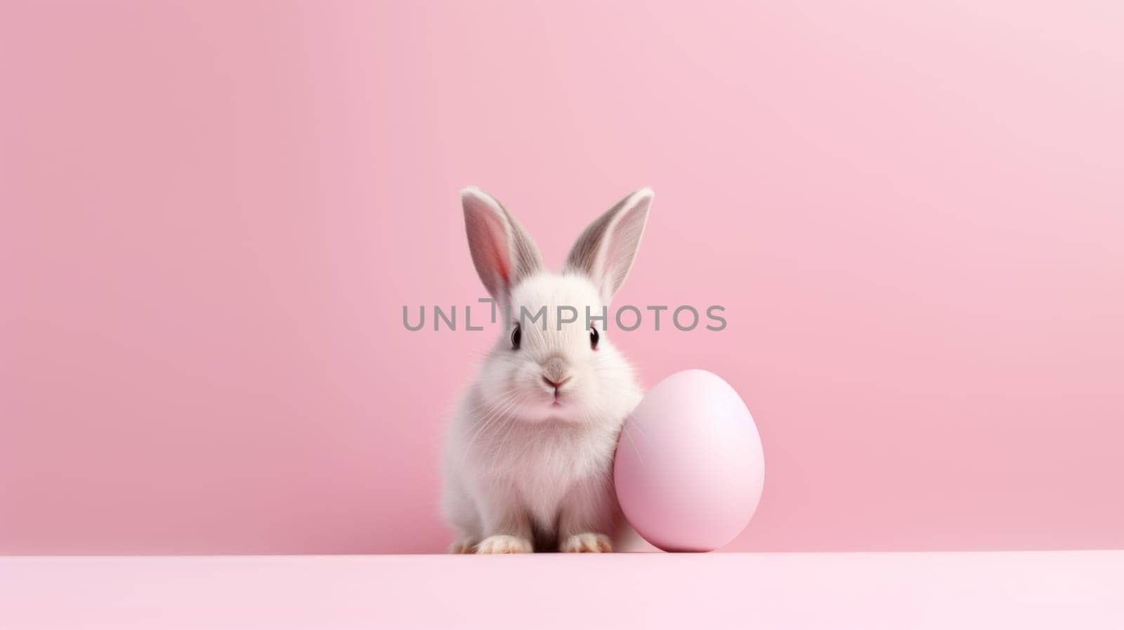 Easter white bunny with egg on pink. Created using AI generated technology and image editing software.