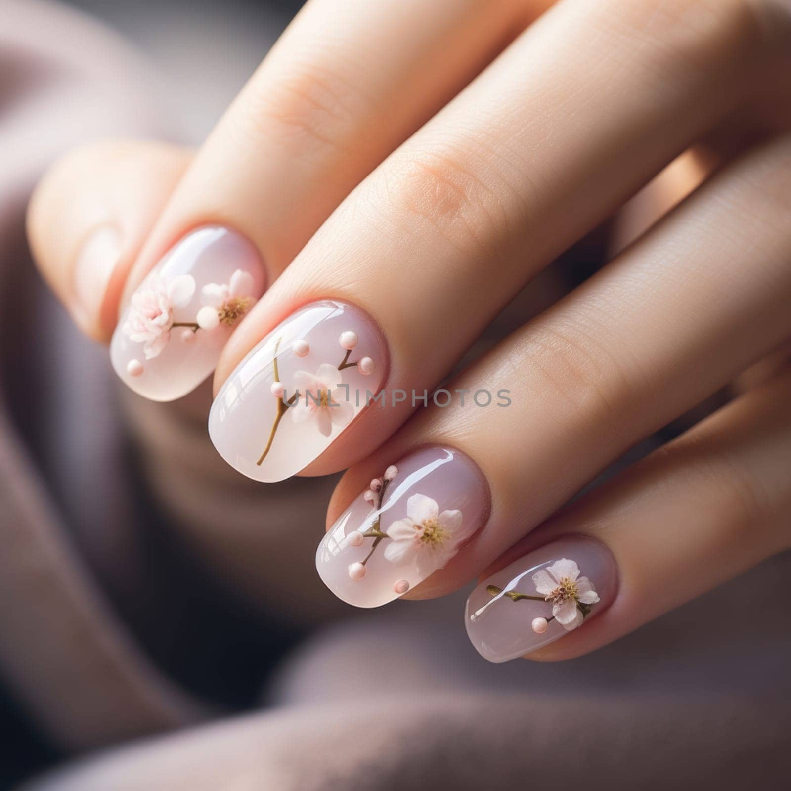 Cherry blossom serenity in nail design. Created using AI generated technology and image editing software.