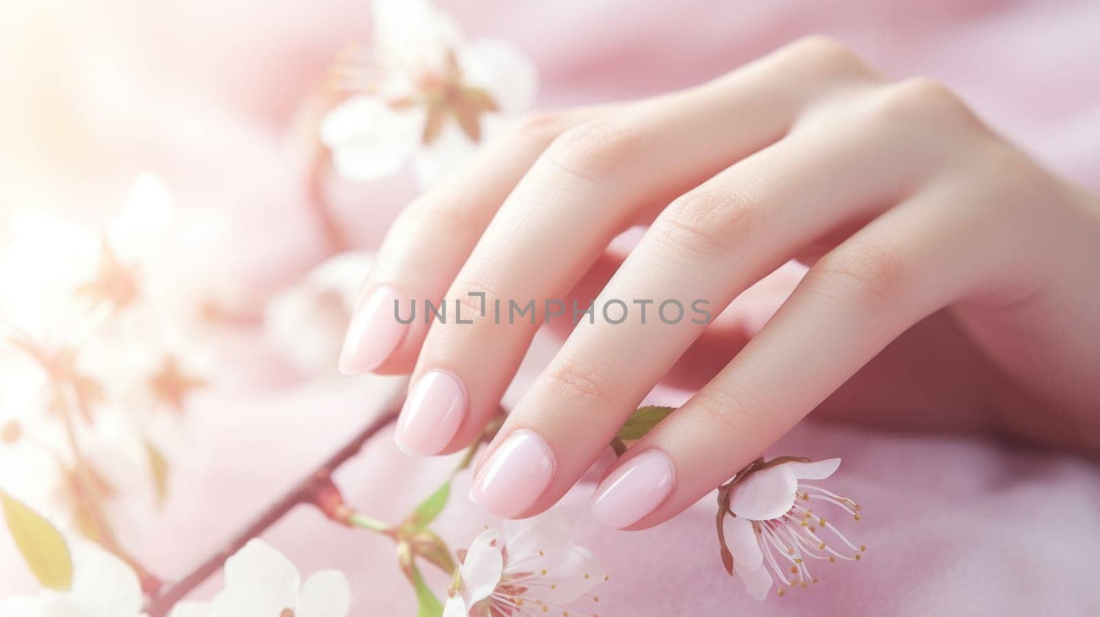 Soft pink manicure with cherry blossoms in bloom. Created using AI generated technology and image editing software.