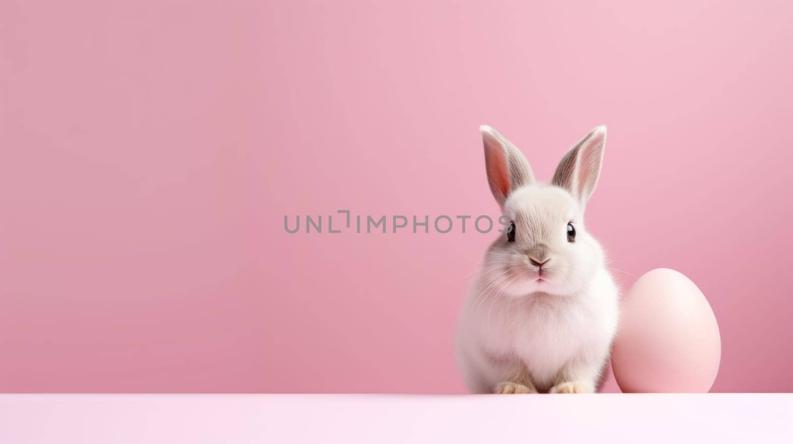 Easter white bunny with egg on pink. Created using AI generated technology and image editing software.