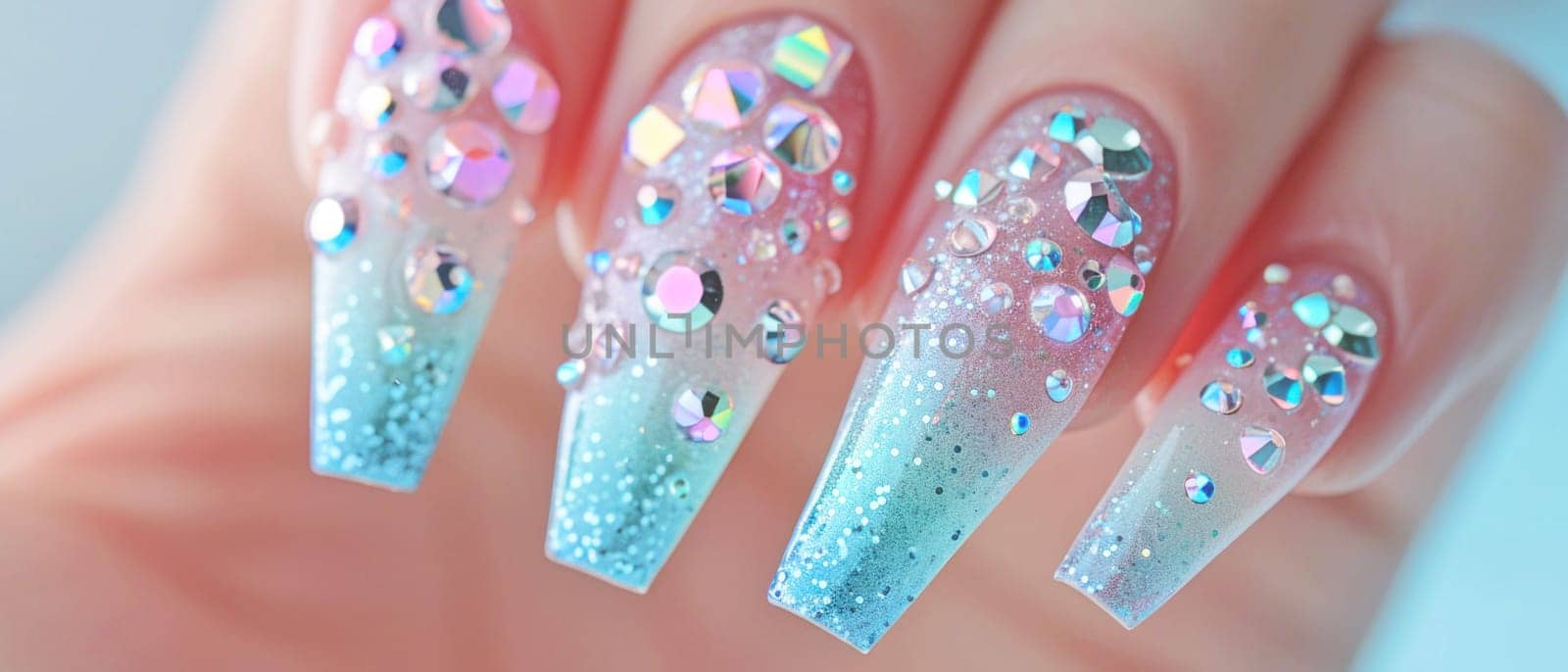 Blue and pink gradient nails with sparkles. Created using AI generated technology and image editing software.