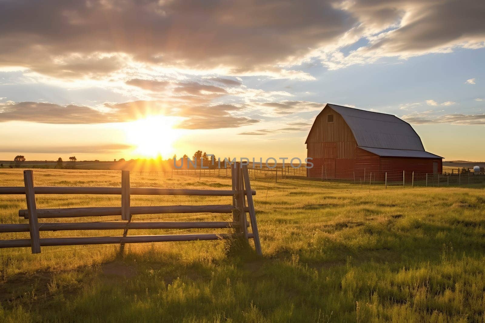 Rustic Red Barn in a Golden Field at Sunset. High quality photo
