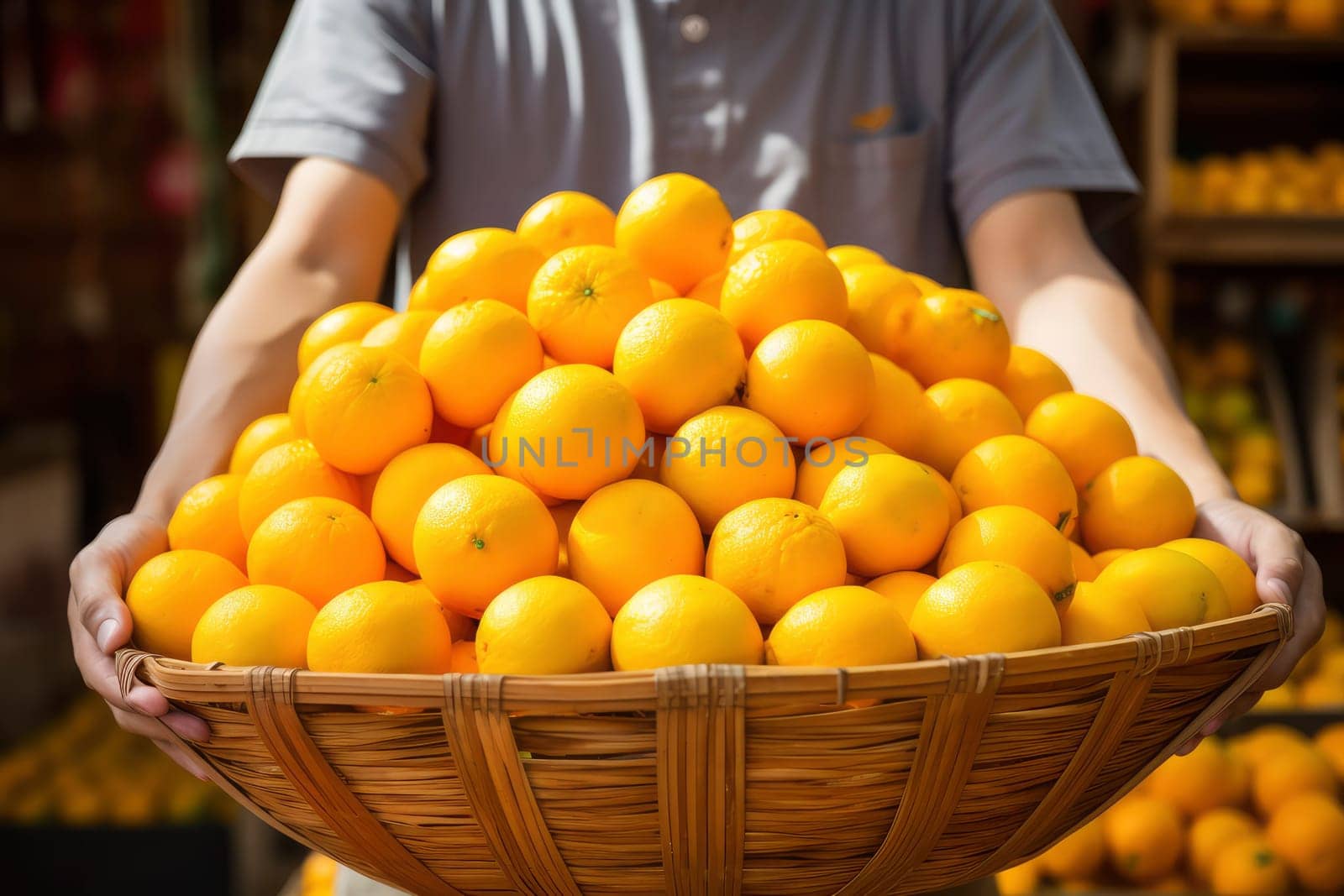 Person Holding a Large Basket Full of Fresh Oranges. High quality photo