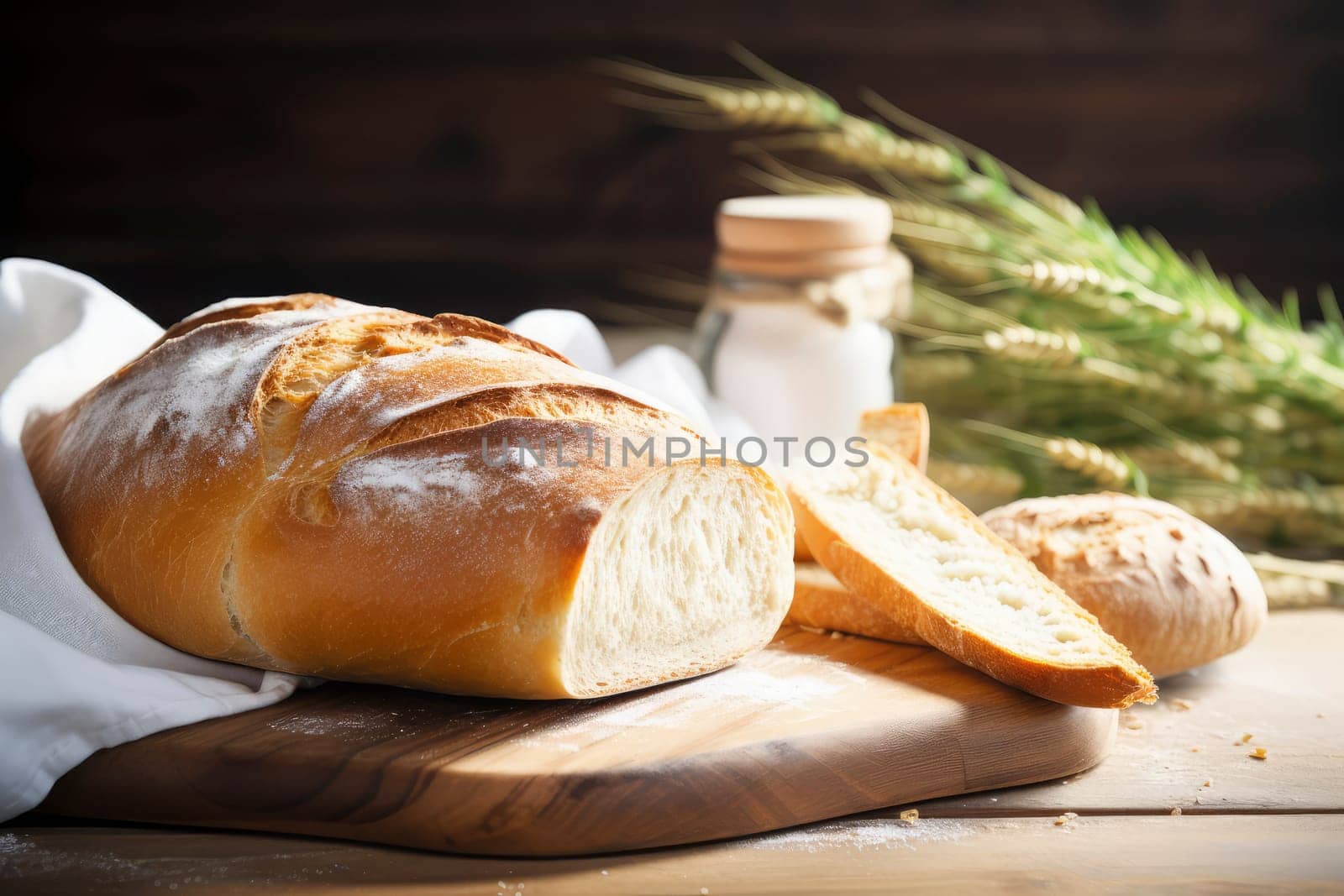 Artisan Bread Loaf on Wooden Cutting Board with Wheat Ears. High quality photo