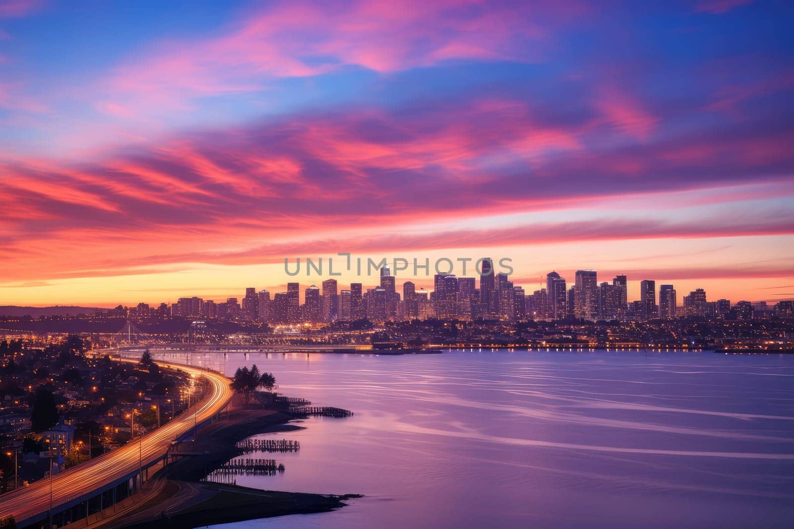 Dramatic Sunset Skyline over Coastal City with Glowing Highway. High quality photo