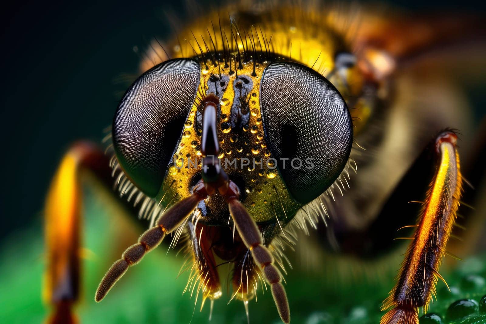 Macro Photography of a Hoverfly's Face with Water Droplets. High quality photo