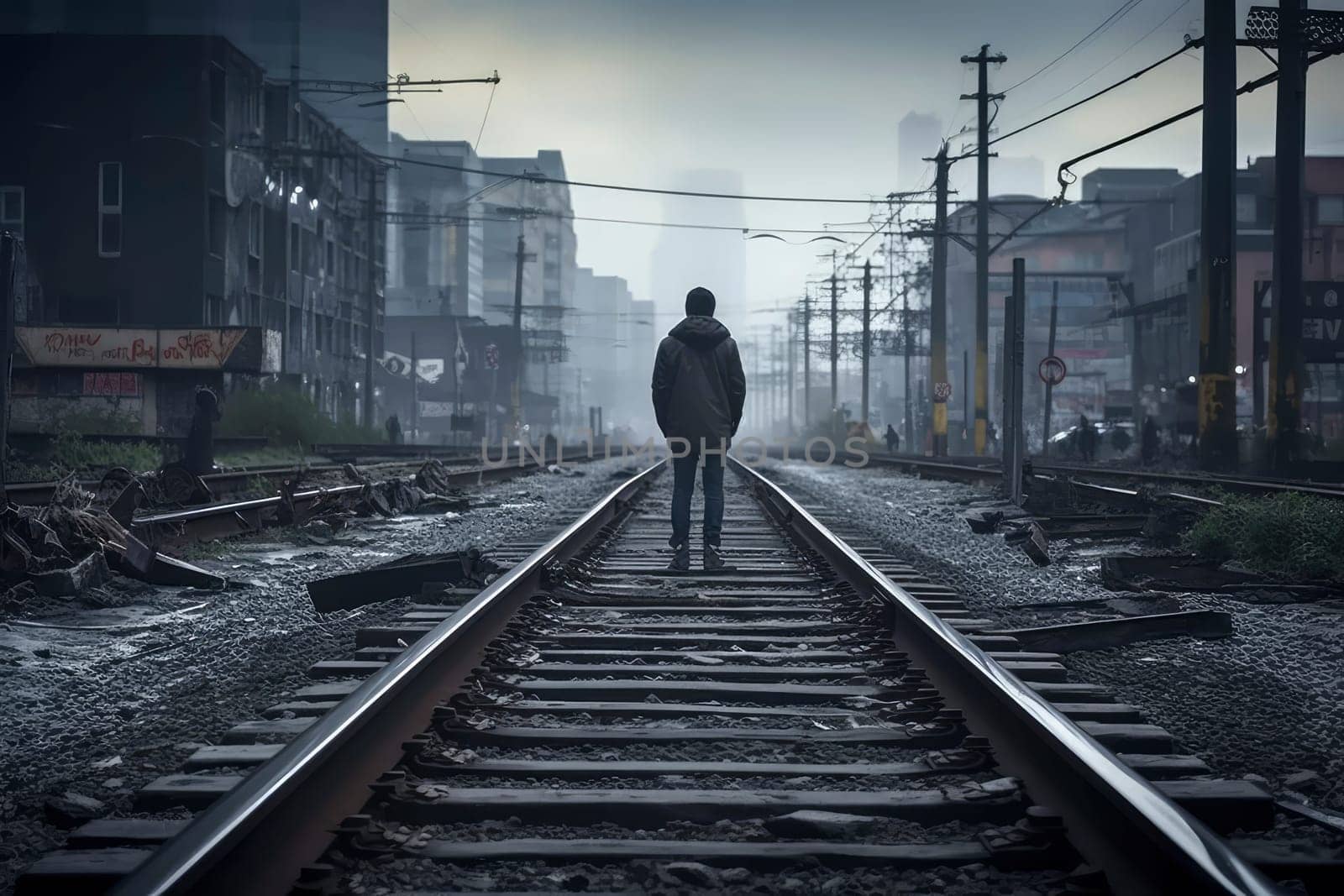 Solitary Figure Walking Down Foggy Urban Railway Tracks. High quality photo