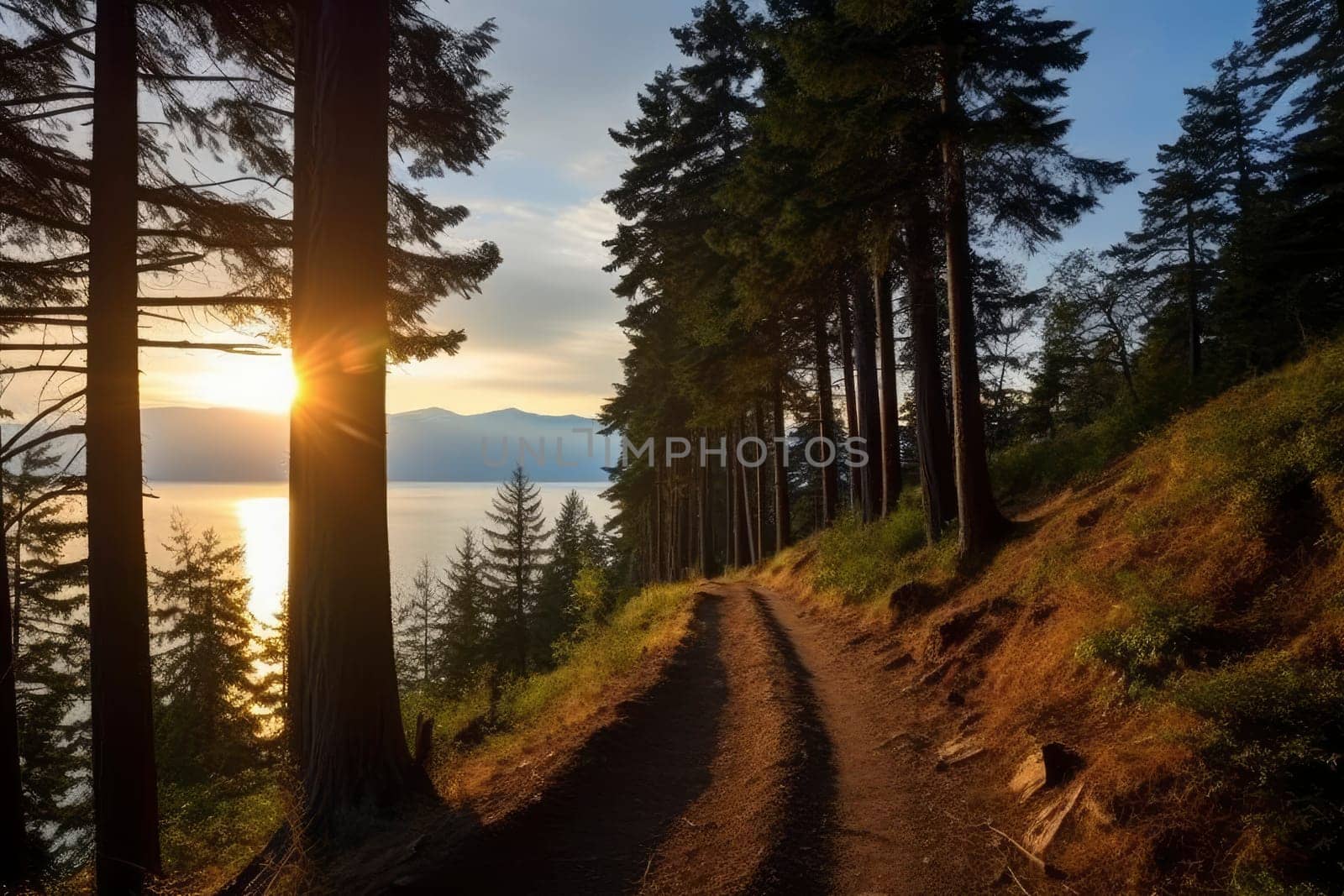 Sunset Rays Piercing Through a Forest Path Overlooking a Lake. High quality photo