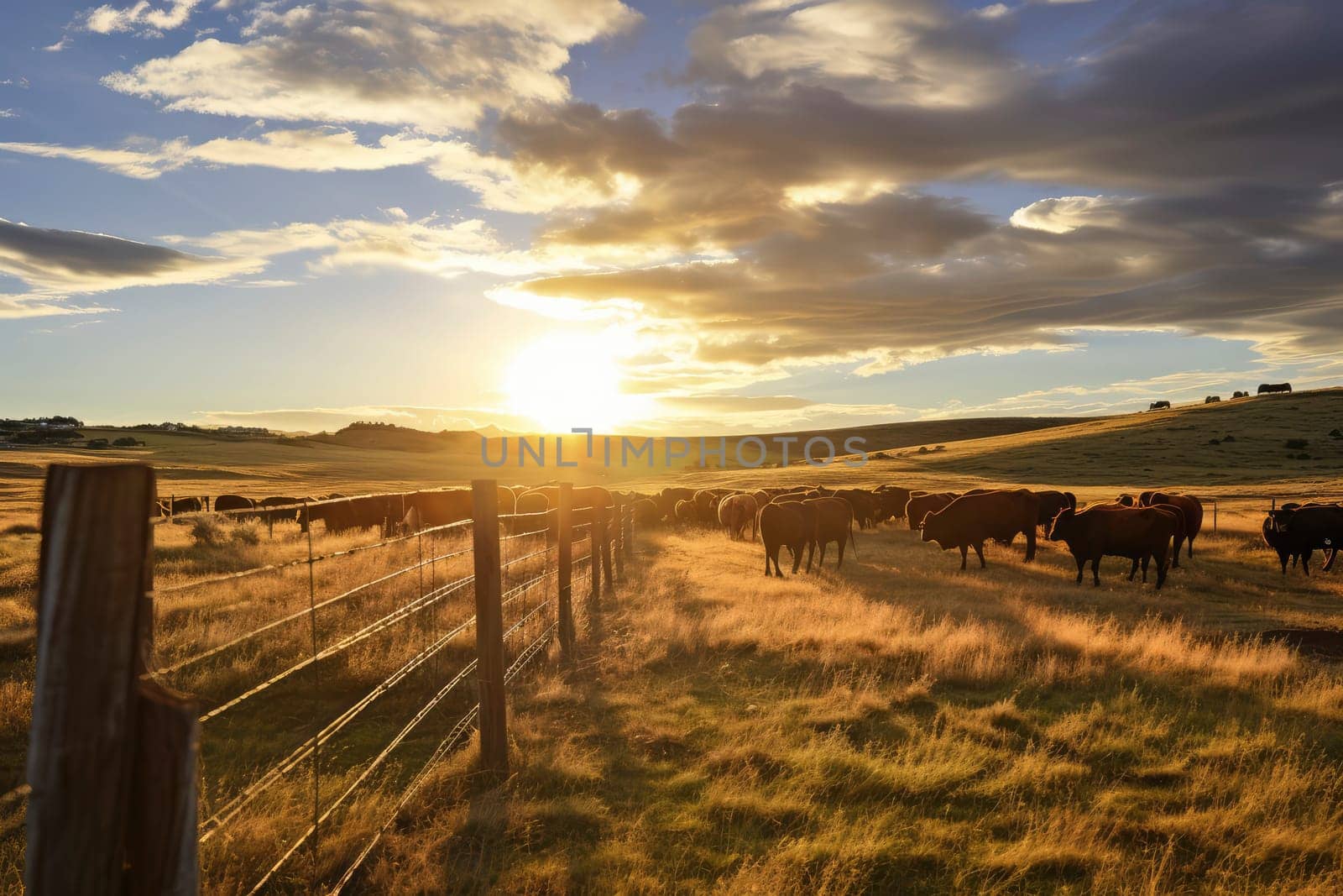 Herd of Cattle Grazing in a Golden Field at Sunset. High quality photo