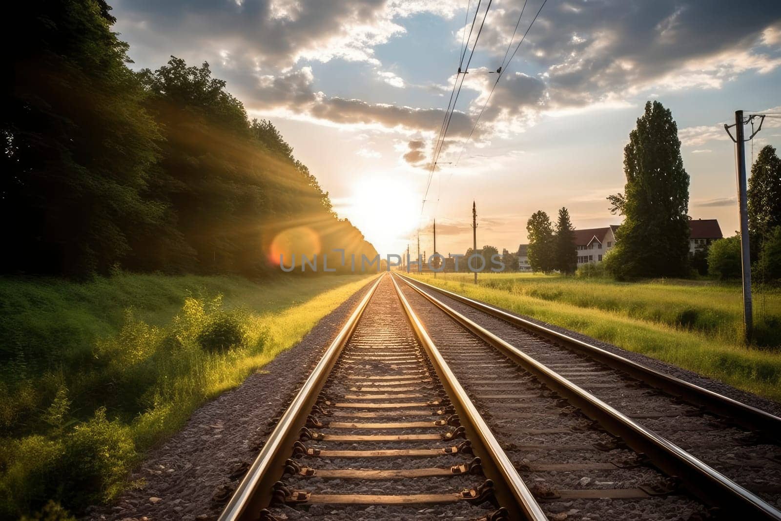 Sunrise on the Railroad Tracks with Lush Greenery. High quality photo