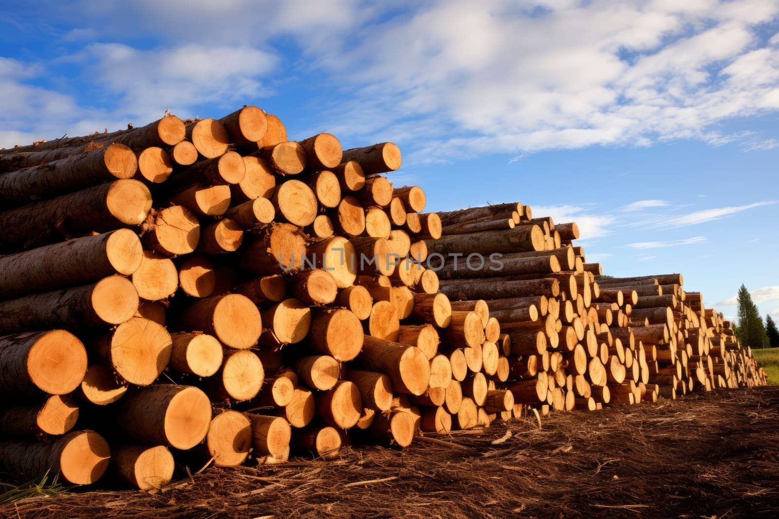 Piles of Harvested Timber Logs at Sunset. High quality photo