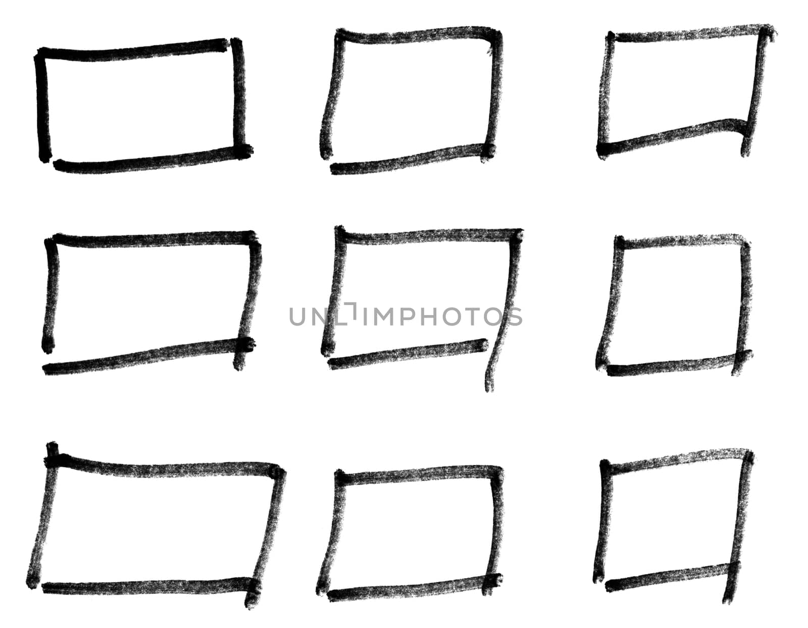 Collection of 9 black pencil or paintbrush frames