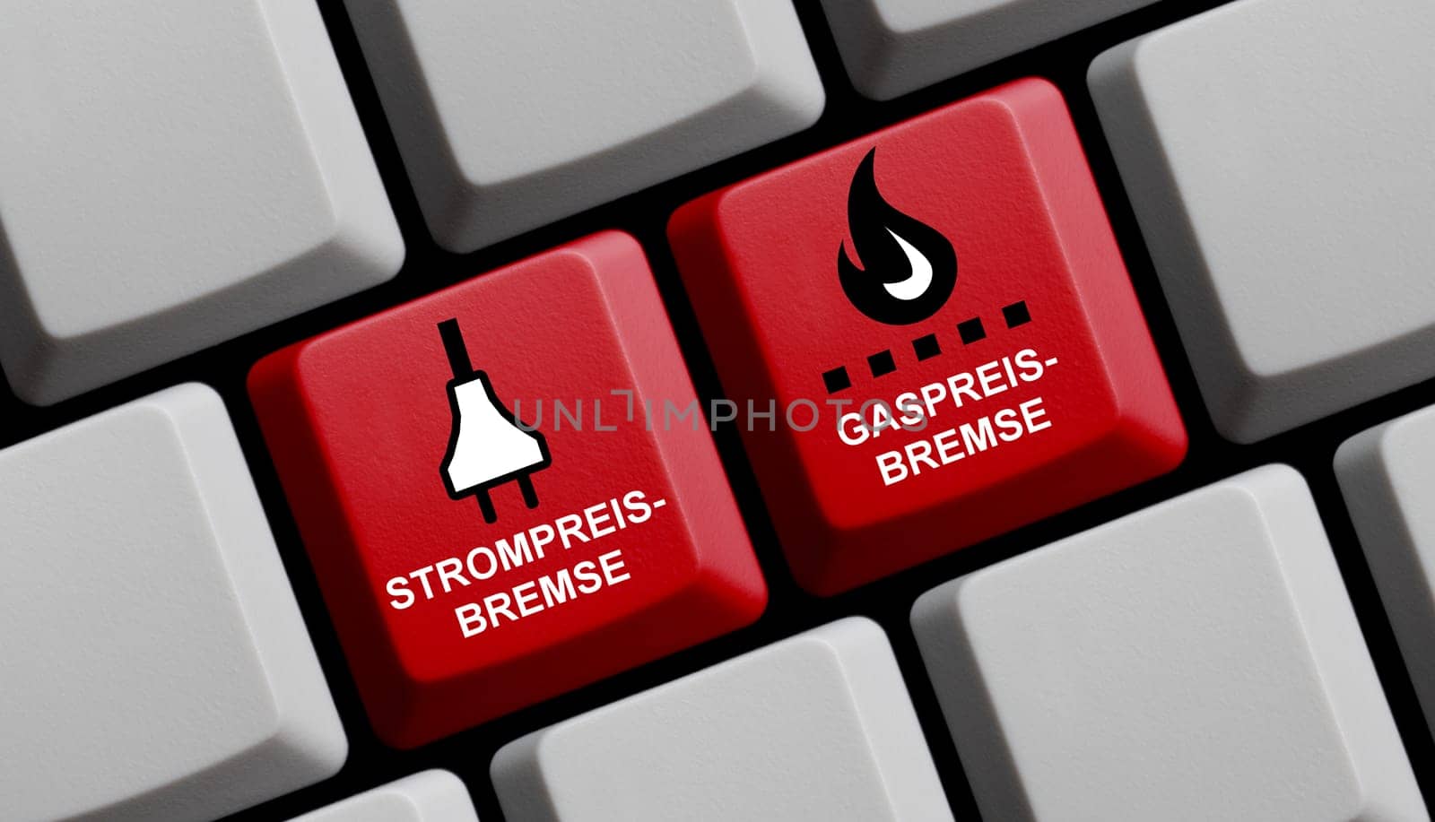 All information about electricity price brake and gas price brake in german language on computer keyboard - 3d illustration