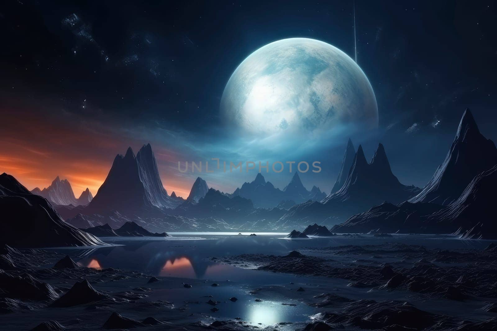 Alien Landscape with Giant Moon and Starry Sky. High quality photo