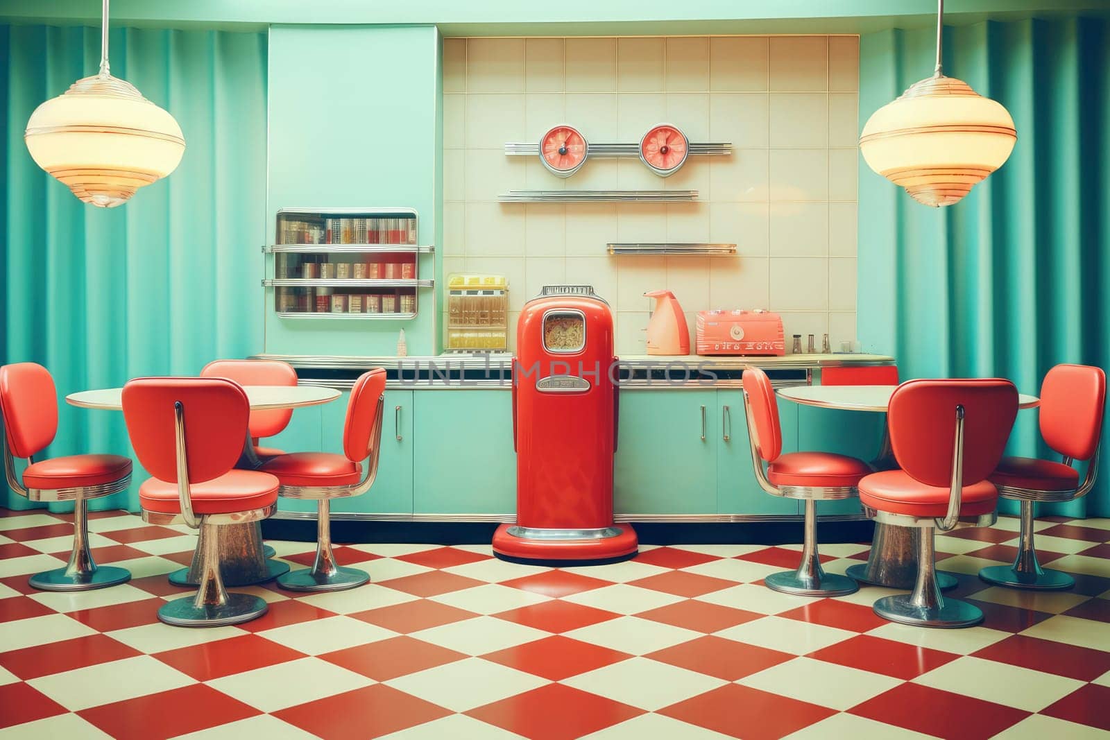 Vintage Diner Interior with Classic Checkered Floor. High quality photo