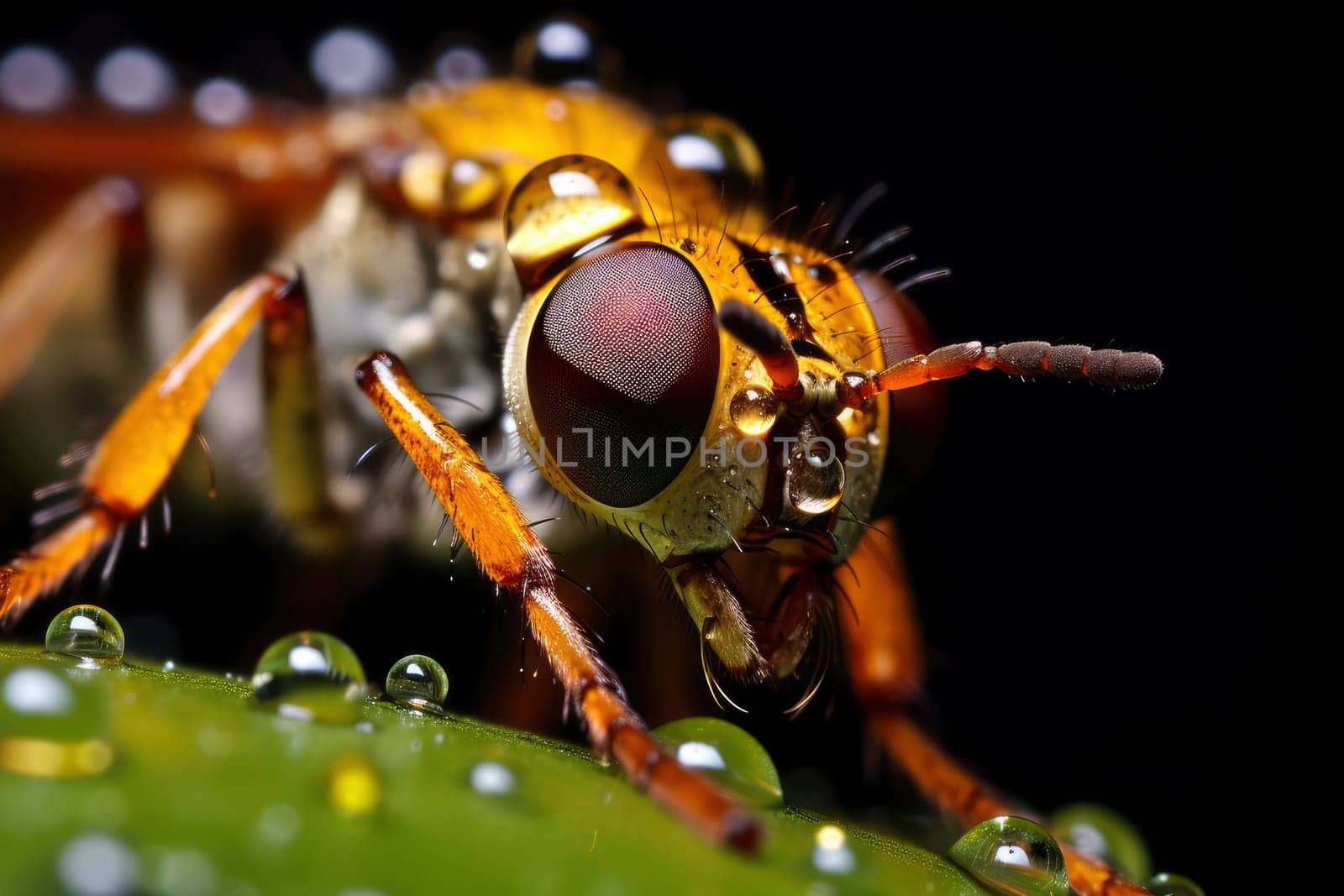 Macro Portrait of a Hoverfly on a Dewy Leaf. High quality photo