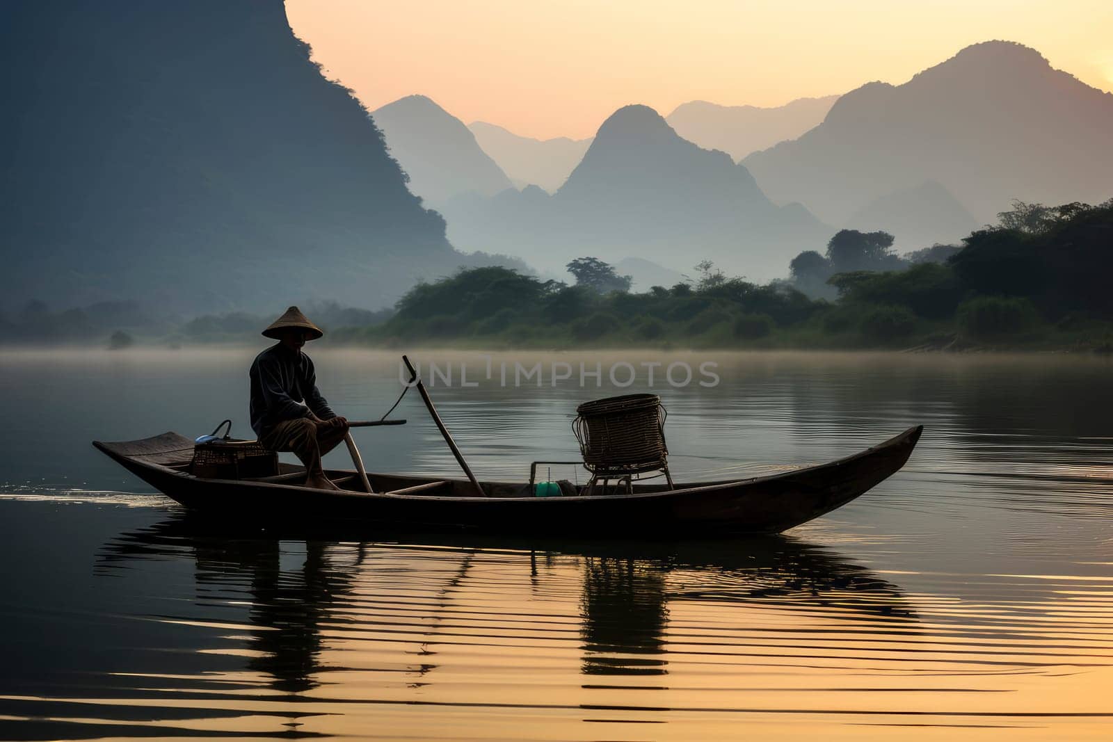 Serene River Scene at Dawn. High quality photo