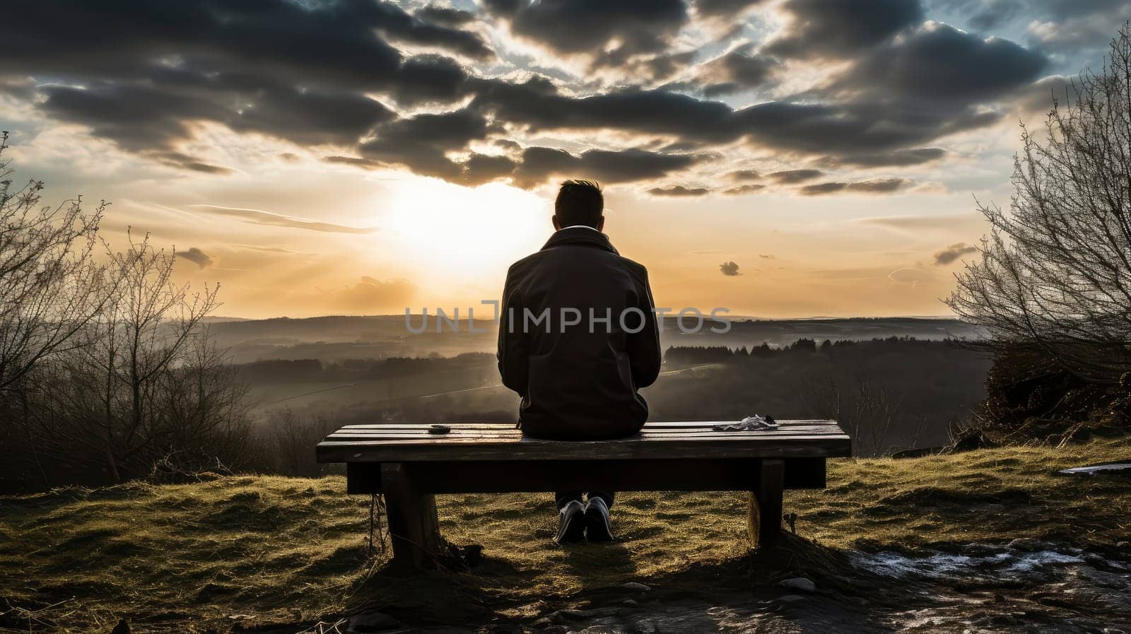 lonely man on a bench looking at the sunset. High quality photo