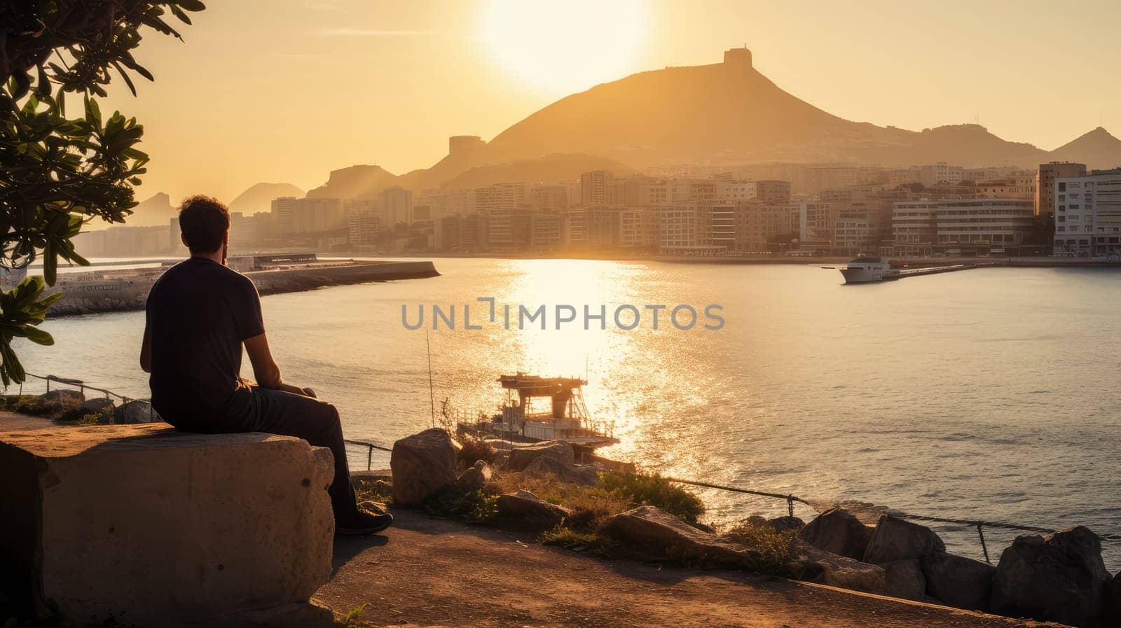Contemplative Man Overlooking the Harbor at Sunrise. High quality photo