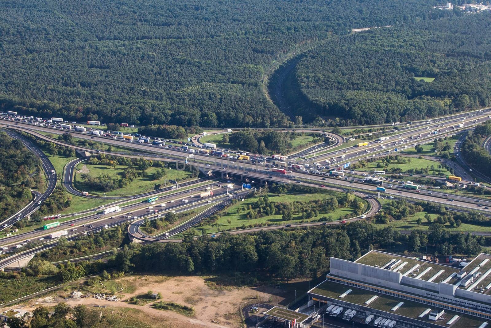 aerial view of highway in Germany in Frankfurt called Frankfurt crossing or in german - Frankfurter Kreuz with cars and traffic jam