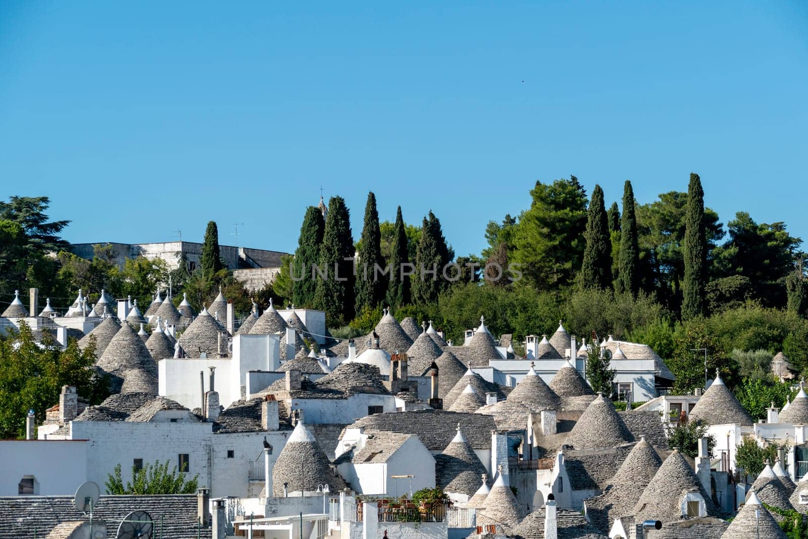scenic historic stone trullis in Alberobello, Italy