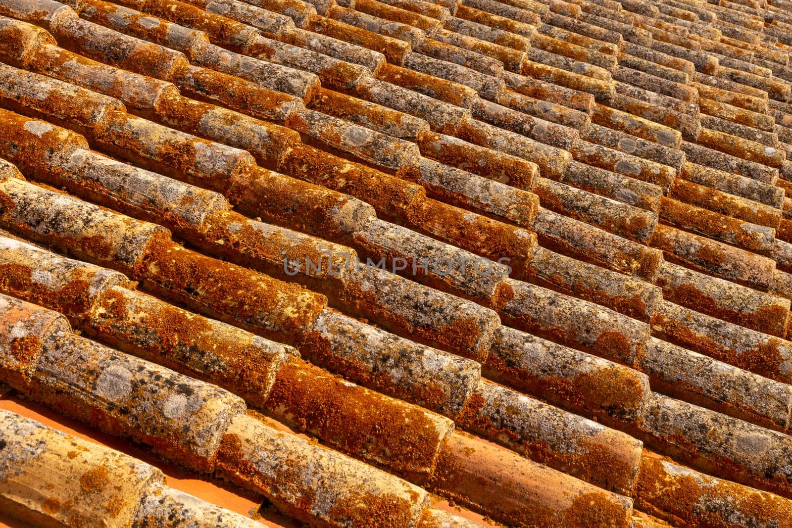 pattern of old red roof tiles gives a harmonic background