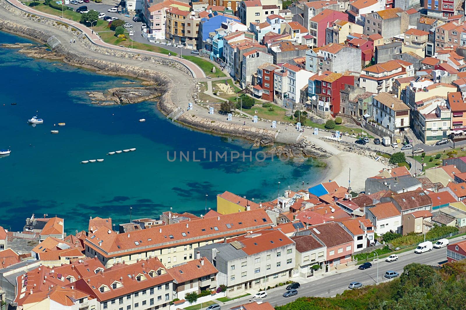La Guardia, harbor and coastline, fishing village high angle view from Santa Tecla mountain, Rias Baixas, Pontevedra province,Galicia, Spain.