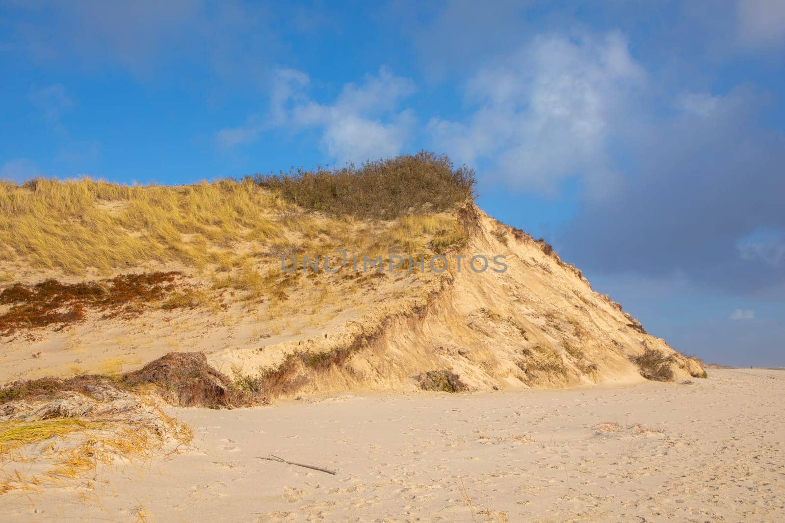 sea landscape with huge waves and empty beach at Hoernum in Sylt, Germany