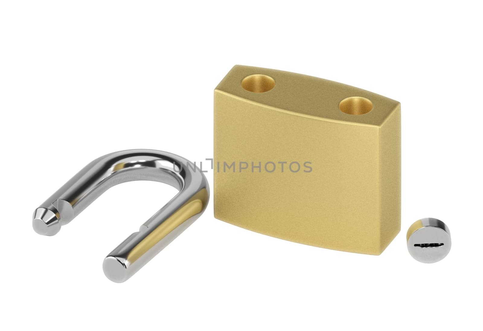 Locked Golden Padlock disassemble on the white background.