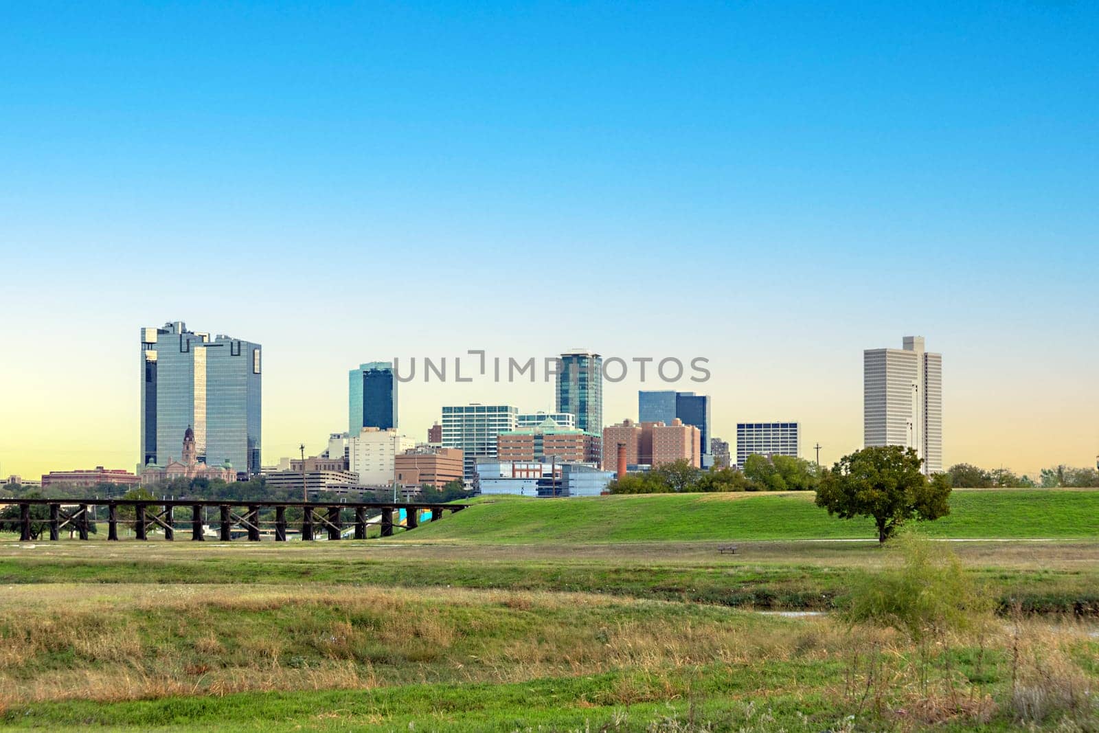 skyline of Fort worth seen from the river Trinity park, Texas, USA