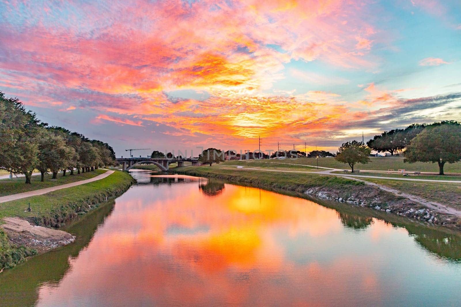 scenic spectacular sunset at Fort worth seen from the river Trinity park, Texas, USA